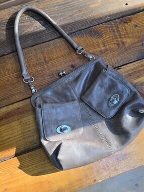 Taupe Leather Kisslock Shoulder Bag